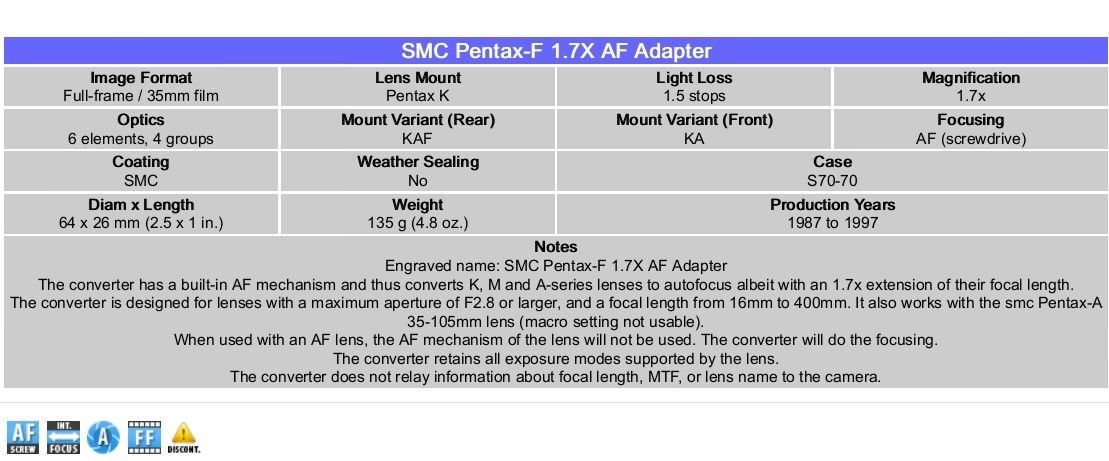 SMC Pentax-F 1.7x AF Adapter 18050304124821499815697775