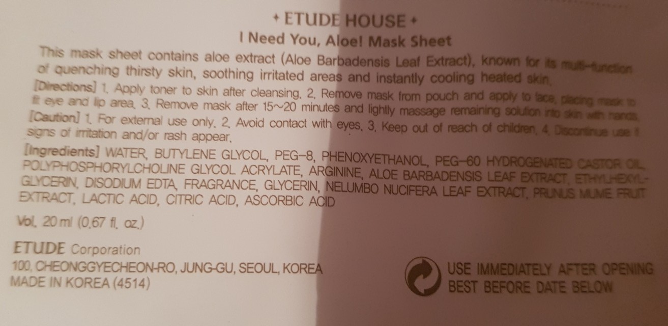 ingrédients masque aloé etude house