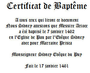 Certificat de baptême Arioce