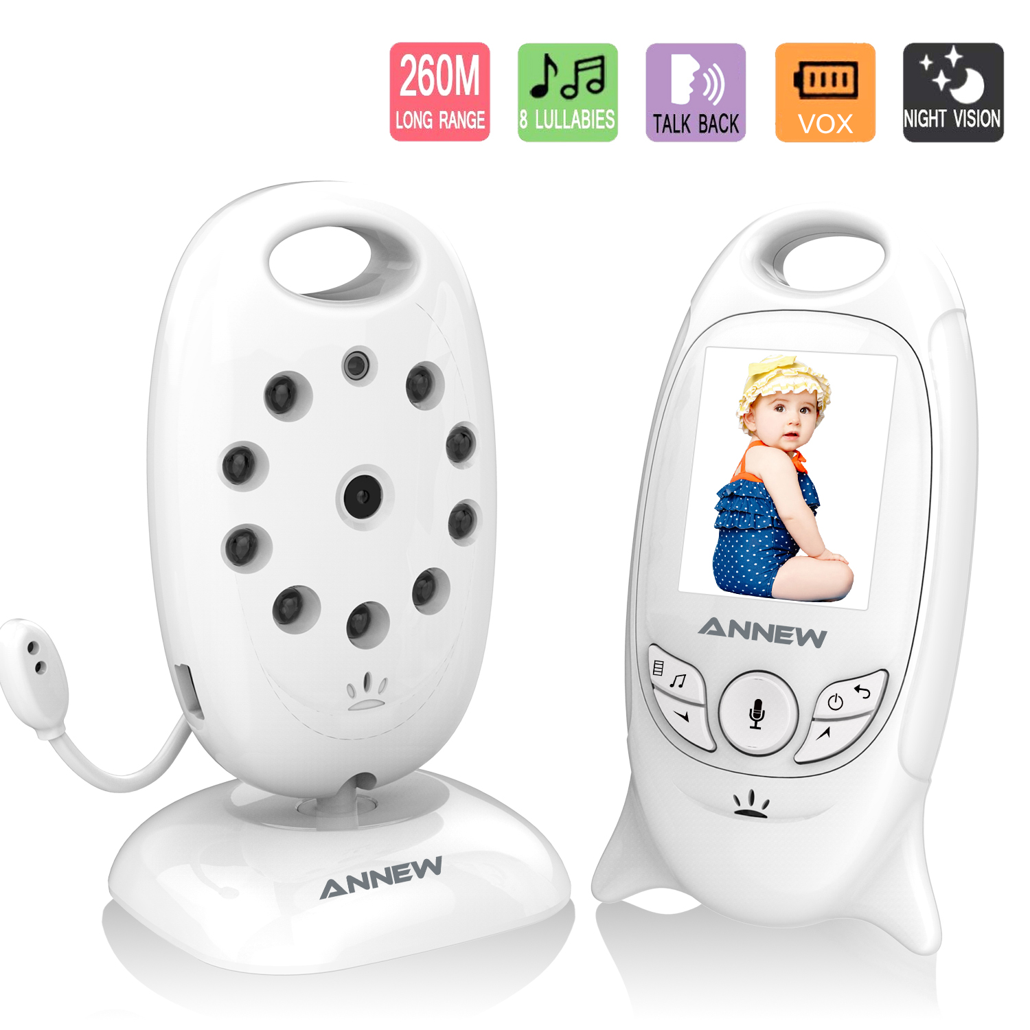 Annew Babyphone Camera Surveillance Nouveau Né-Enfant Sans Fil 2”LCD,Écoute bébé Vision Nocturne, Capteur de Température VB601