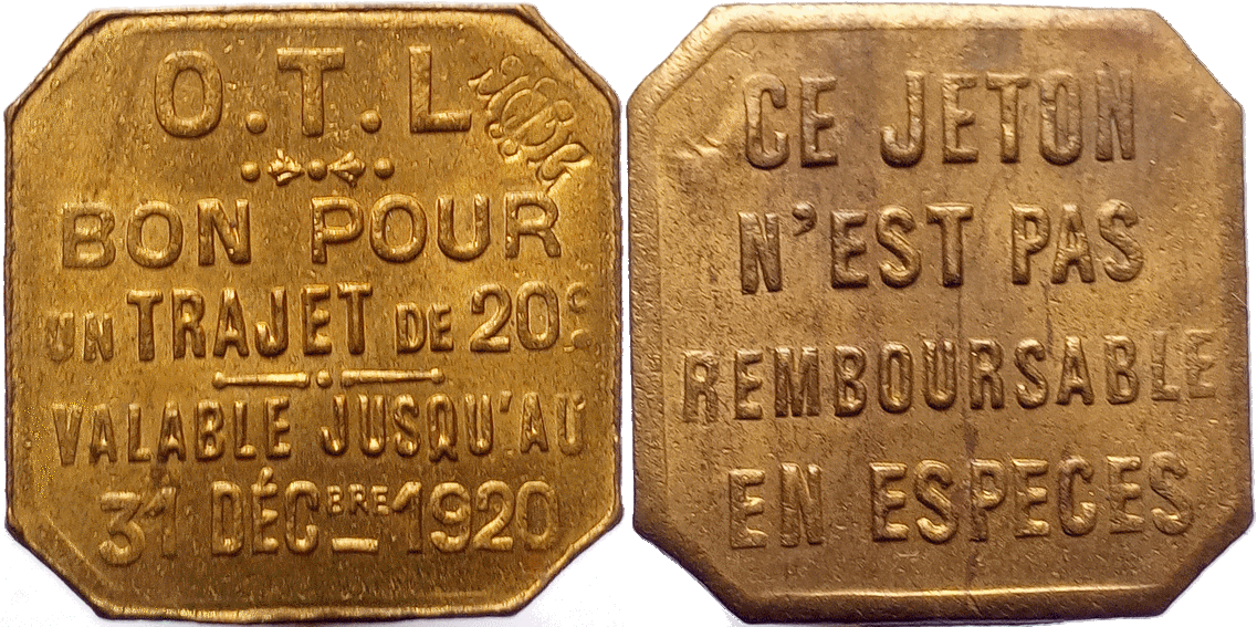Jeton OTL N°3 20 centimes 1920 carré coins coupés laiton
