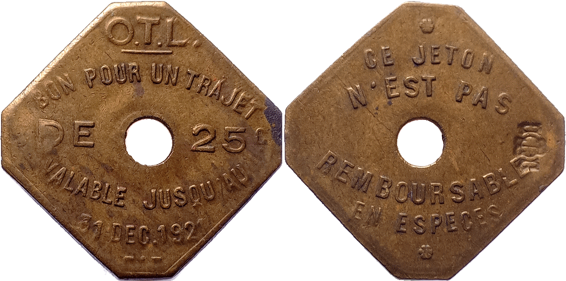 Jeton OTL N°5 25 centimes 1921 carré coins coupés laiton