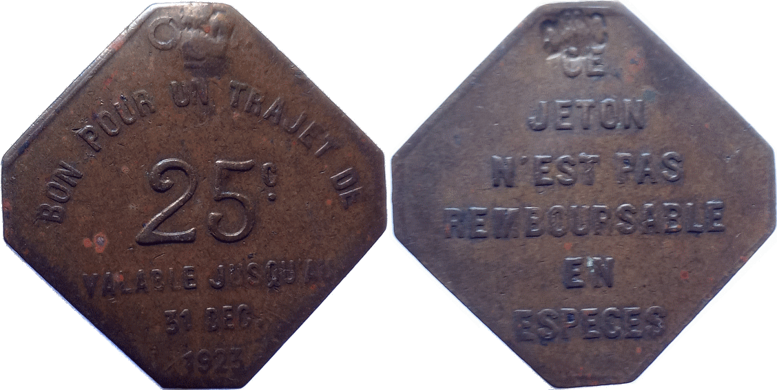 Jeton OTL N°7 25 centimes 1922 carrés coins coupés laiton