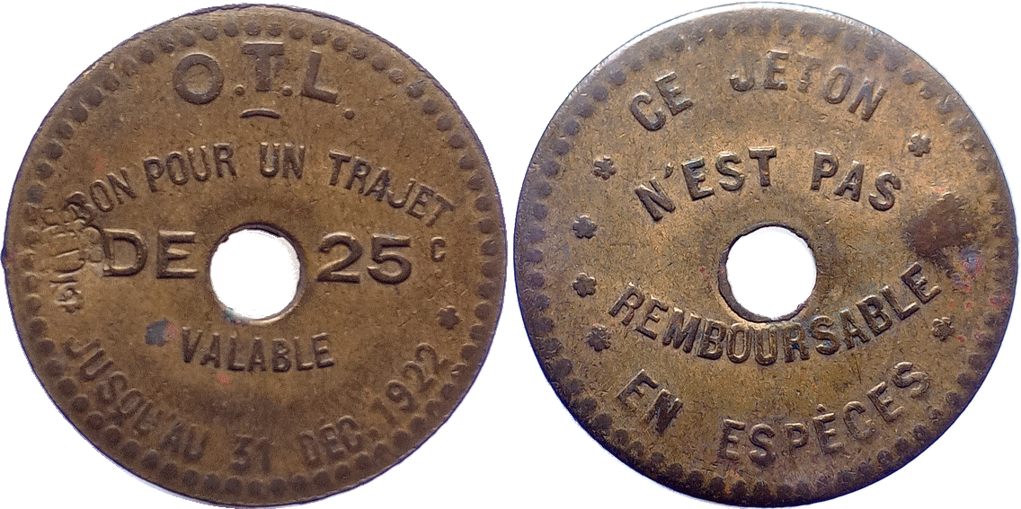Jeton OTL N°6 25 centimes 1922 rond troué laiton