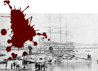 Illustration d'un bateau victorien ; tâche de sang