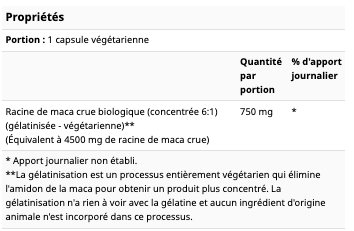 maca encapsule dosé à 500mg pour 100 capsules de now foods nutrition