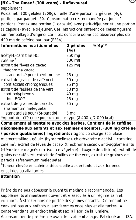 tableau des informations nutritionnelles du brule graisse the omen 100capsules