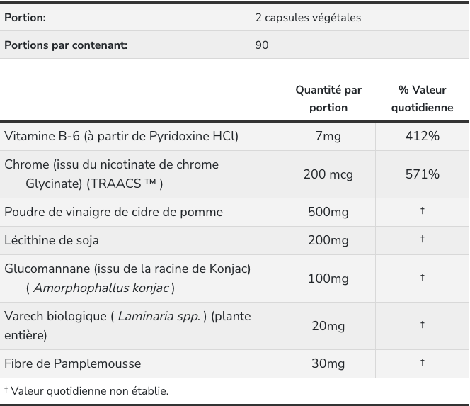 tableau des valeurs nutritionnelles du vinaigre de cidre de pomme diet formula 180 capsules de nowfoods