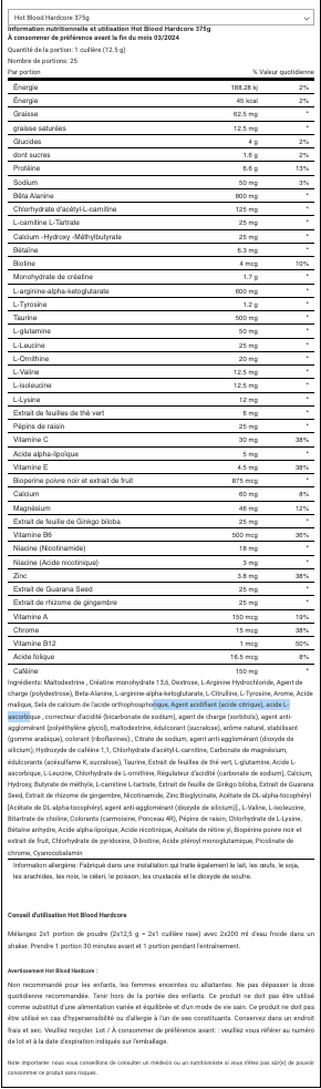 tableau des valeurs nutritionnelles hot blood hardcore-375gr Scitec Nutrition