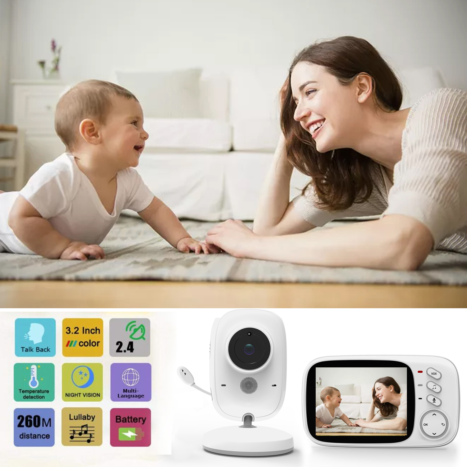 Babyphone Numérique, FOXSPORT, Ecoute Bébé Vidéo , Caméra de Surveillance  sans fil, VOX mode, Blanc - Conforama