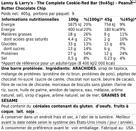les informations nutritionnelles de the complete cookie fied bar 45g beurre de cacahuete de lenny and larrys