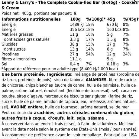 tableau des valeurs nutritionnelles de the complete cookie fied bar cookies cream de lenny and larrys