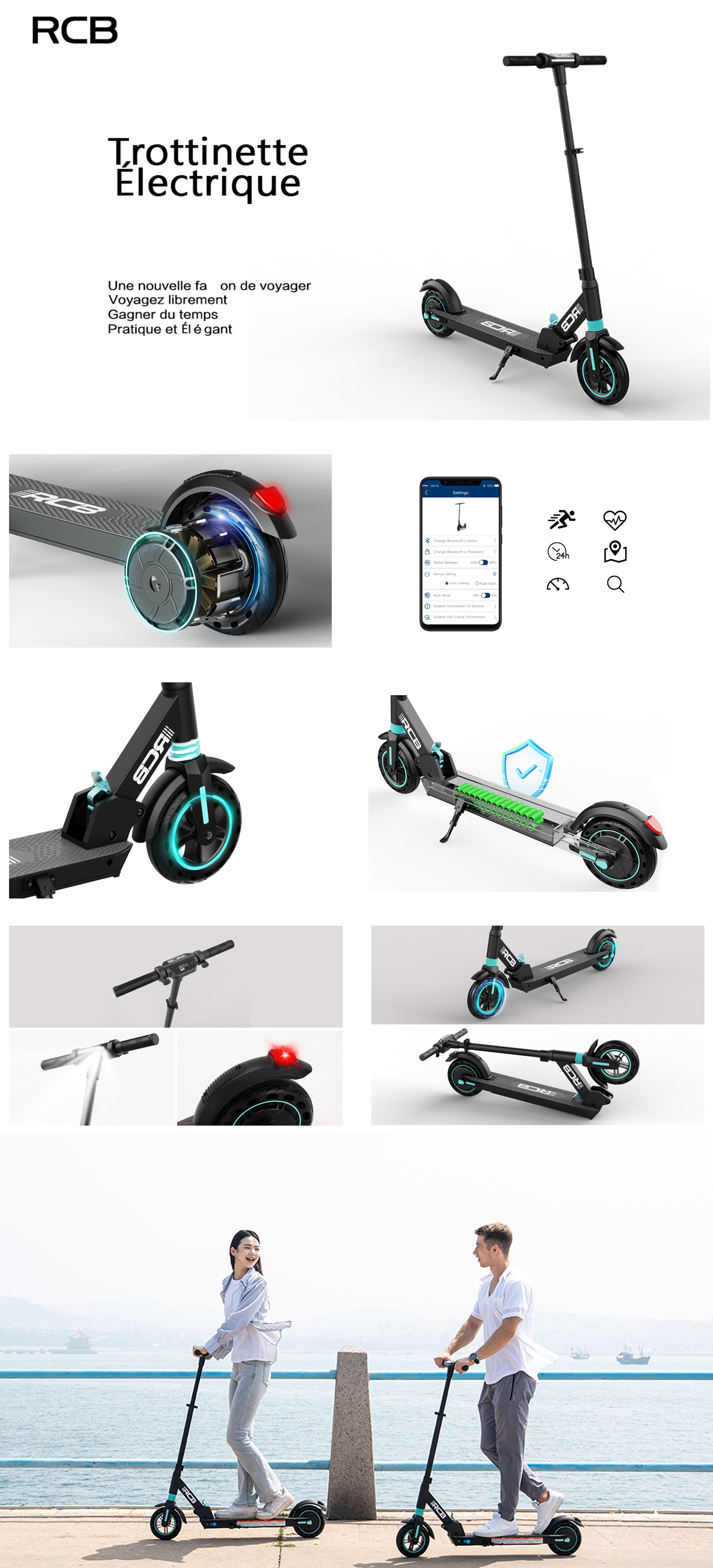 rcb trottinette electrique, scooter électrique ultra portable avec app et  la puissance max 350 w, mode 3 vitesses, écran lcd, régulateur de vitesse,  méthode de pliage innovante, trottinette électrique pour adulte et