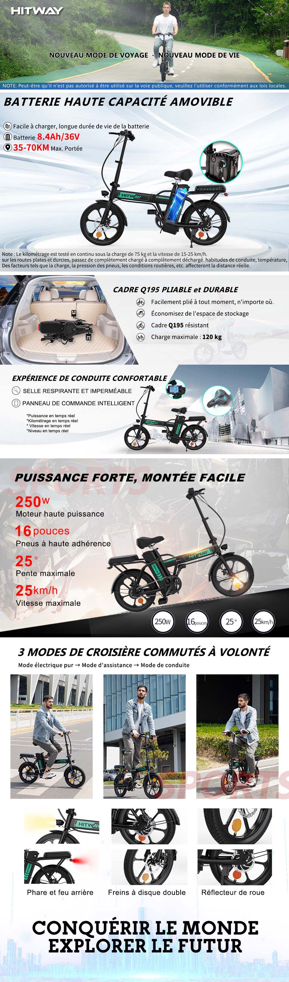 Vélo électrique 16 pouces, équipé d'une batterie 36 V 11,4 Ah