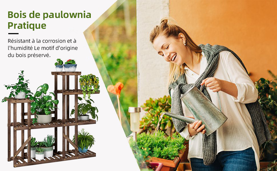 Étagère pour plantes en bois 6 tablettes 99x25x64,5cm, support plante  charge 10kg par niveau terrasse, jardin, balcon, salon - Conforama