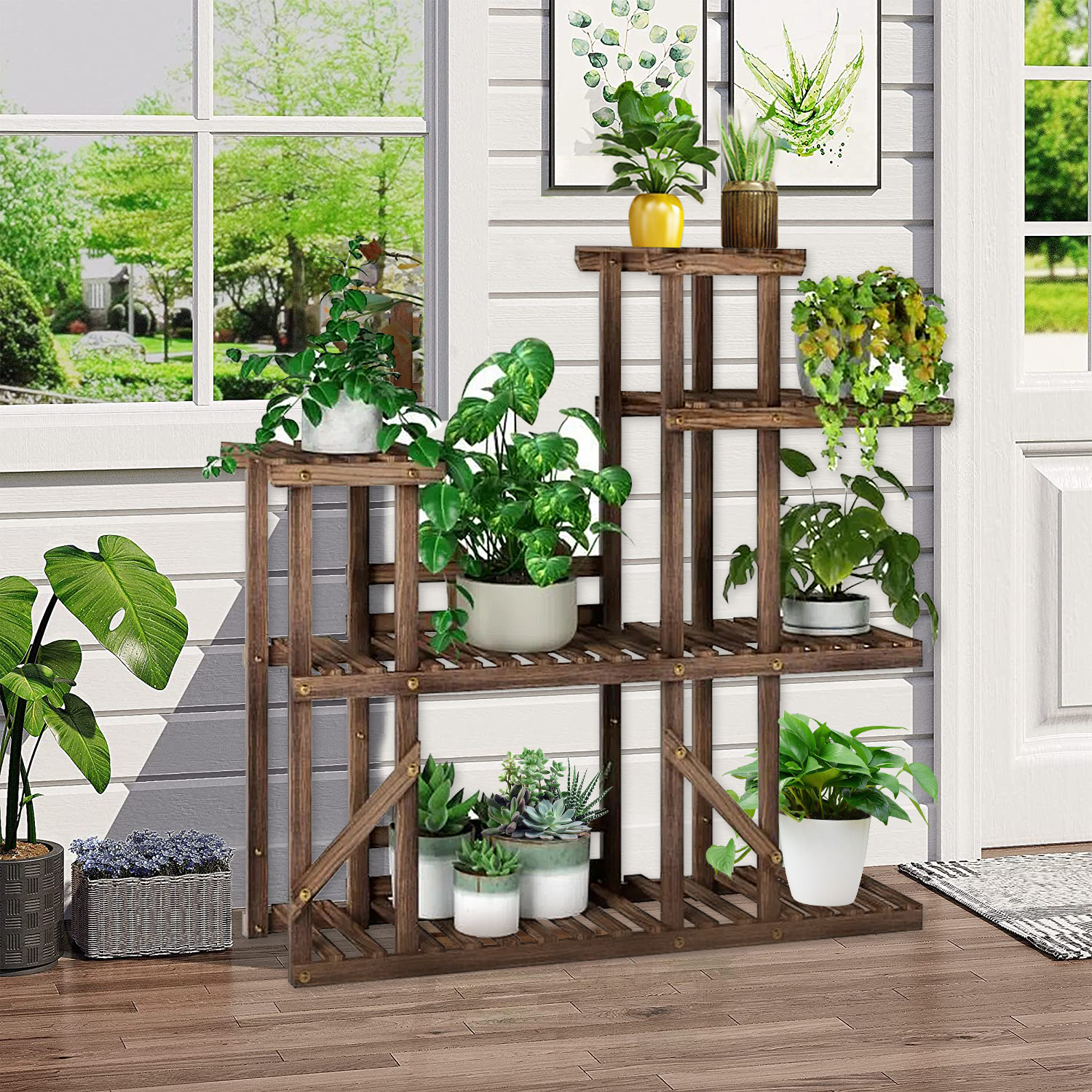 Étagère pour plantes en bois 3 niveaux echelle escalier porte-plante  longueur 70cm charge 10kg pour jardin terrasse balcon - Conforama