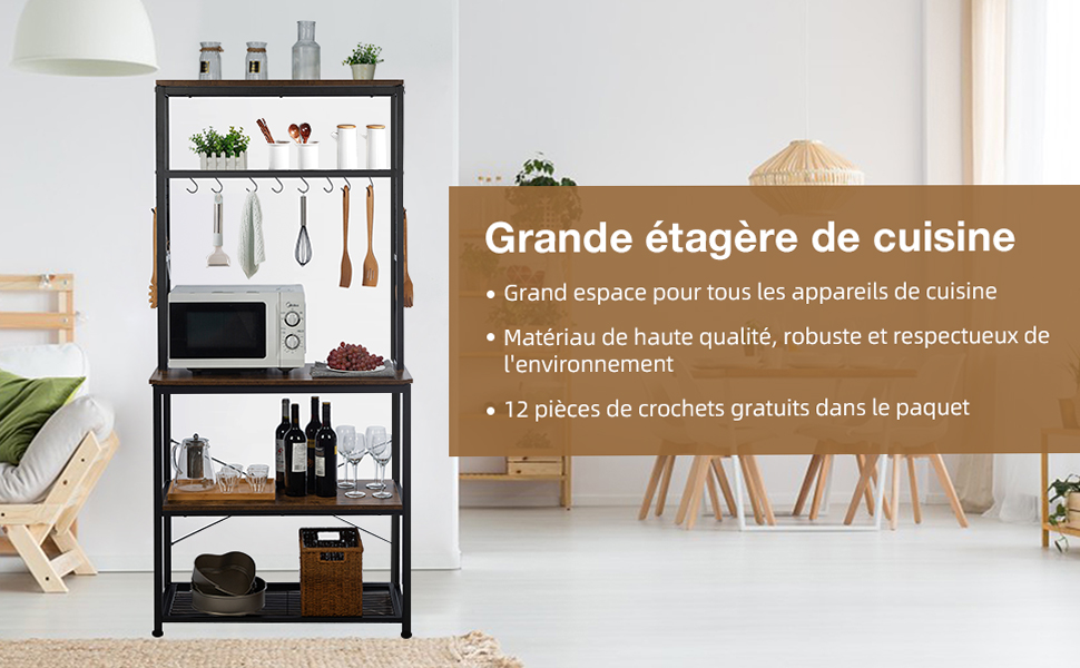 Meuble Cuisine, à 5 Niveaux, Avec 12 Crochets En S, Étagère De Cuisine En Panneau MDF Imperméable Et Écologique, Etagere Cuisine Stable, Clôtures Antichute, 85x40x163.5CM 12 Mon image