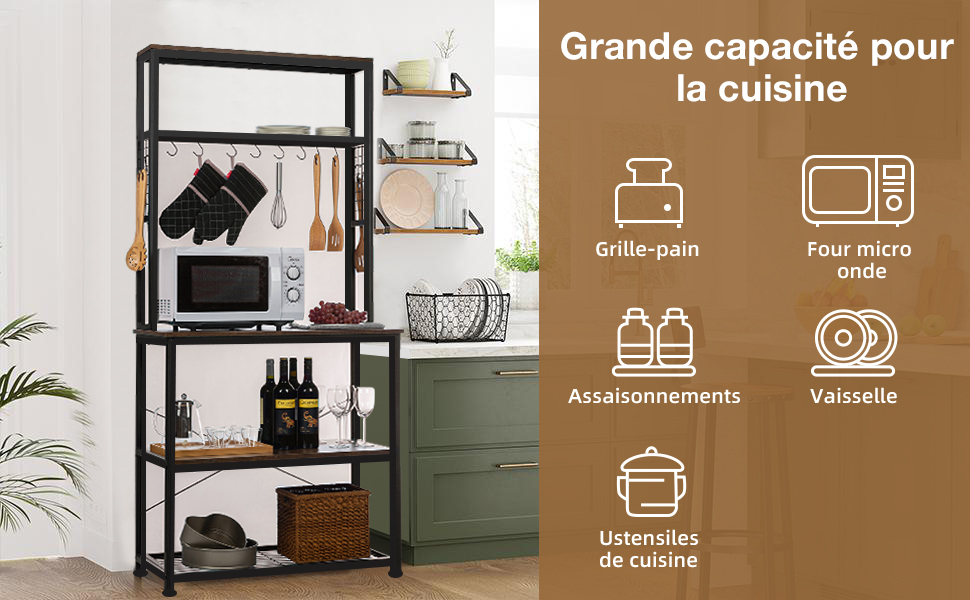 Meuble Cuisine, à 5 Niveaux, Avec 12 Crochets En S, Étagère De Cuisine En Panneau MDF Imperméable Et Écologique, Etagere Cuisine Stable, Clôtures Antichute, 85x40x163.5CM 14 Mon image