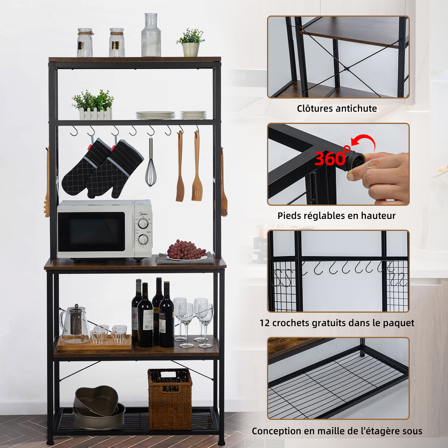 Meuble Cuisine, à 5 Niveaux, Avec 12 Crochets En S, Étagère De Cuisine En Panneau MDF Imperméable Et Écologique, Etagere Cuisine Stable, Clôtures Antichute, 85x40x163.5CM 15 Mon image