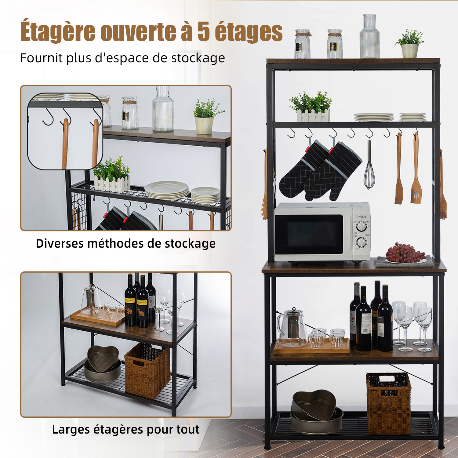 Meuble Cuisine, à 5 Niveaux, Avec 12 Crochets En S, Étagère De Cuisine En Panneau MDF Imperméable Et Écologique, Etagere Cuisine Stable, Clôtures Antichute, 85x40x163.5CM 13 Mon image