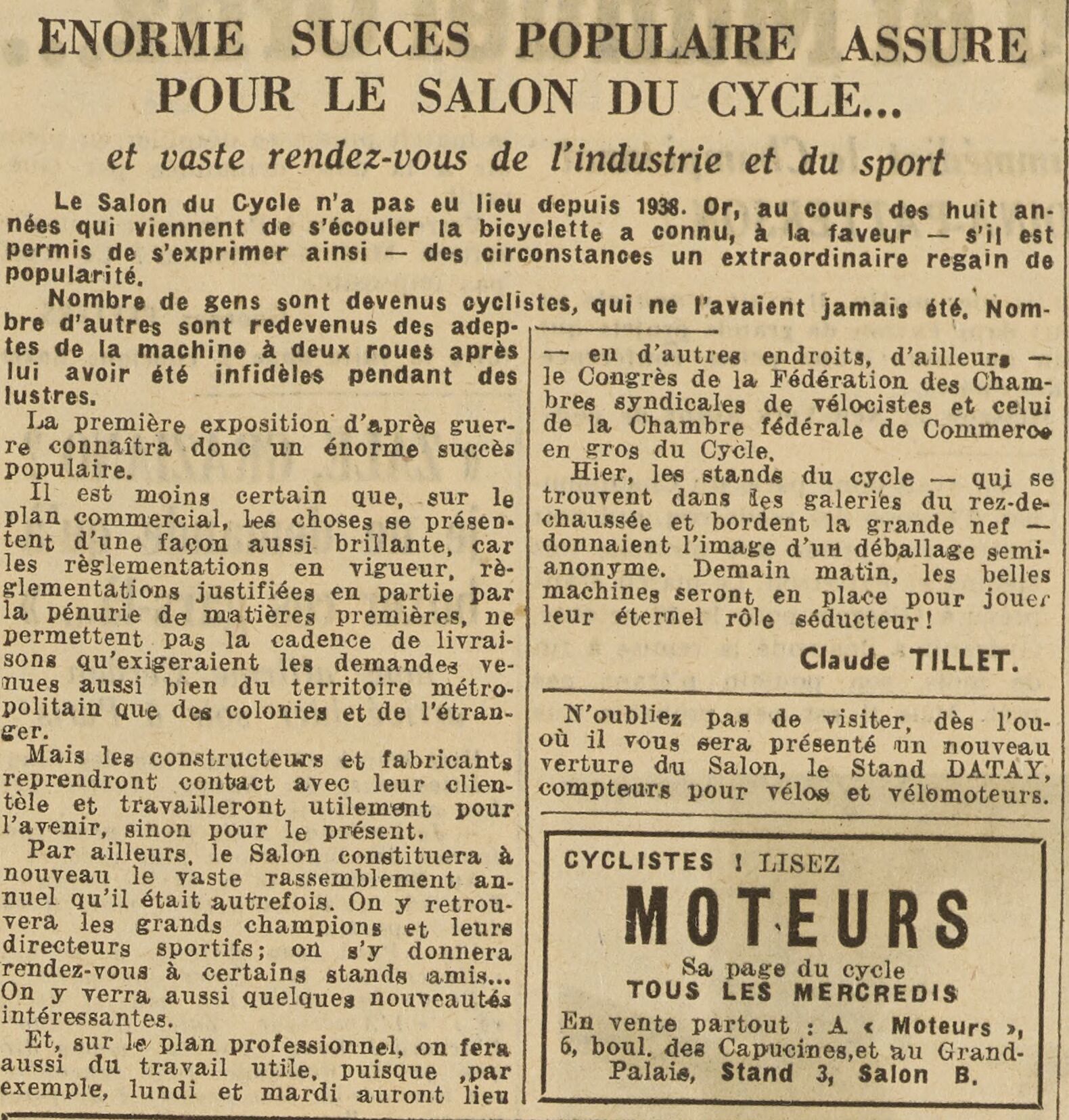 Salon du Cycle octobre 1946, Paris, le Grand Palais - L'Equipe - Cyclo Magazine 230214050432721918111987