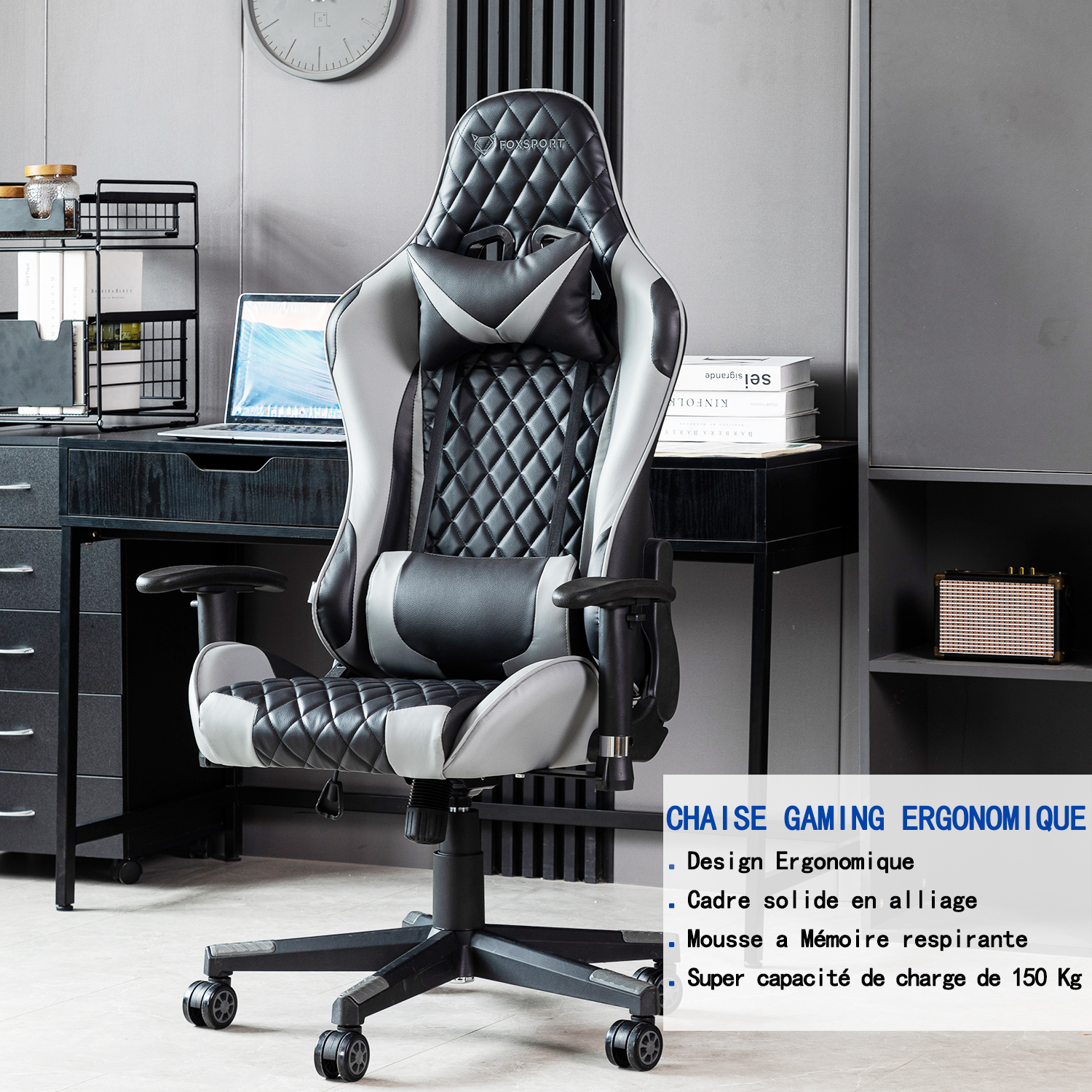 FOXSPORT Chaise de Gaming - E- Sports - Chaise de bureau avec oreiller  cervical et