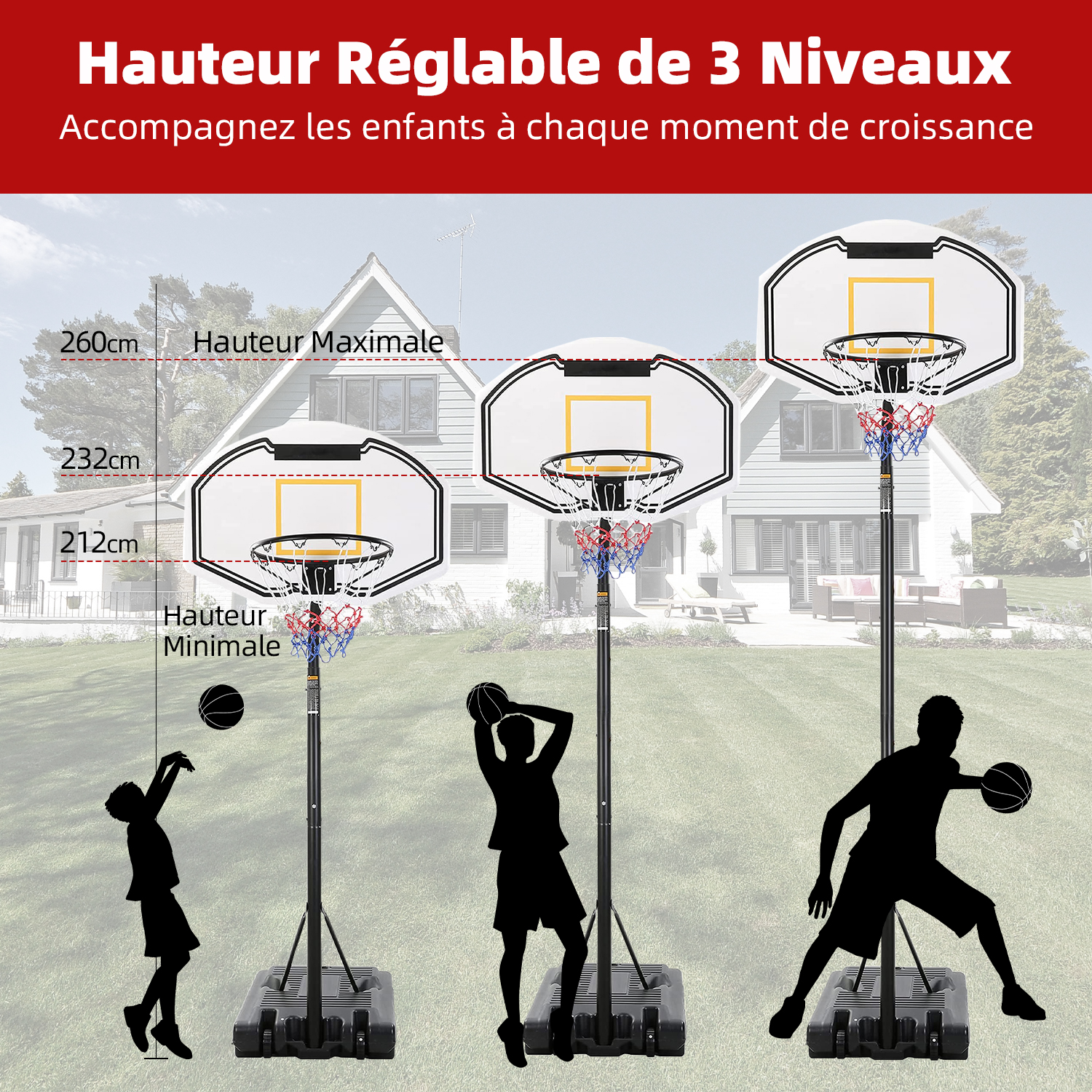 Panier De Basket Avec Roues Détachables, Hauteur Réglable De 212-260cm, Panier De Basket Exterieur, Panneau De 90cm, Panier De Basket Enfant Avec Base, Pour Enfants, Adolescents, Adultes, Familles, Bl 11 Mon image