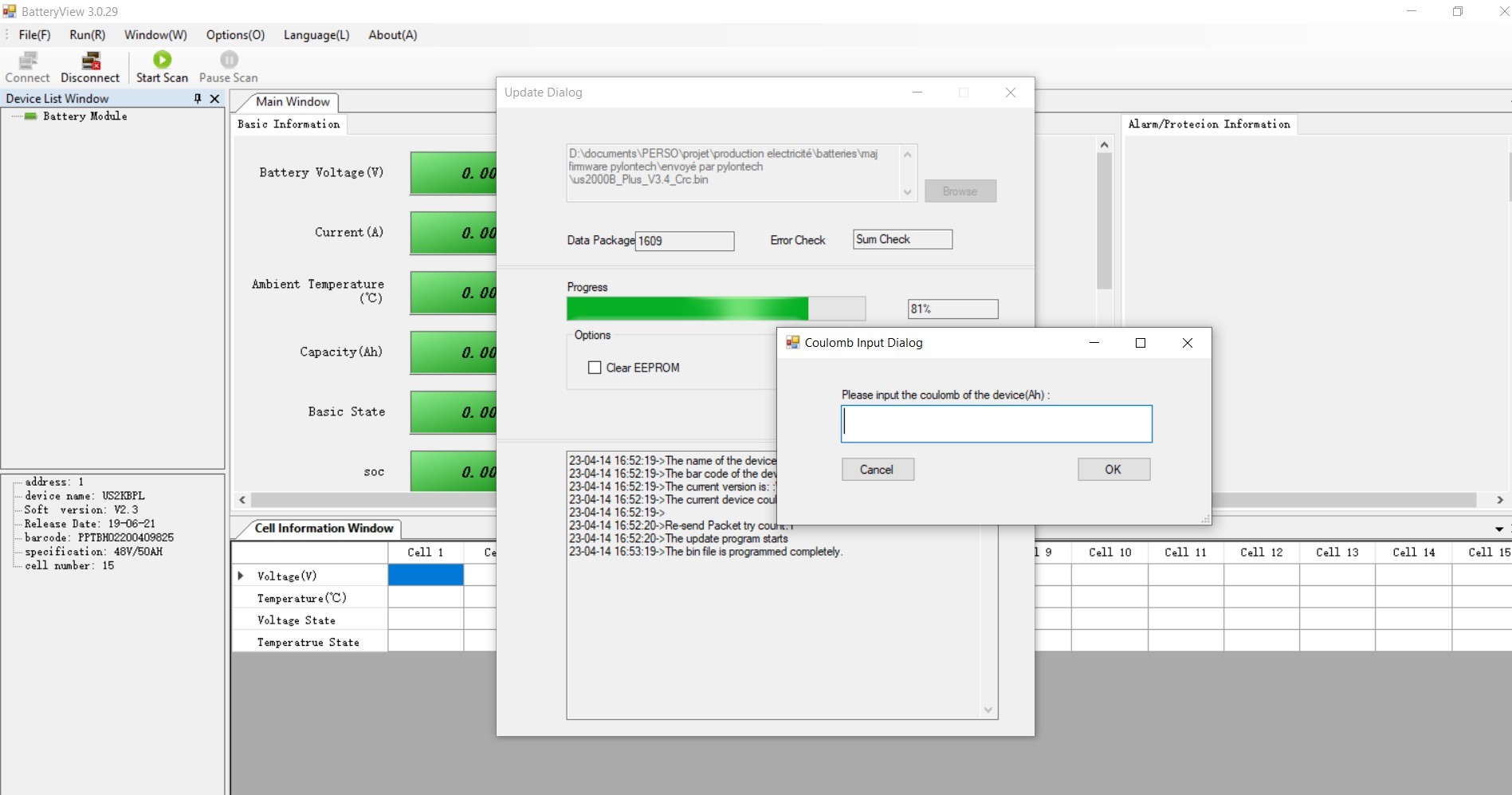 fenetre capacit&eacute; batterie