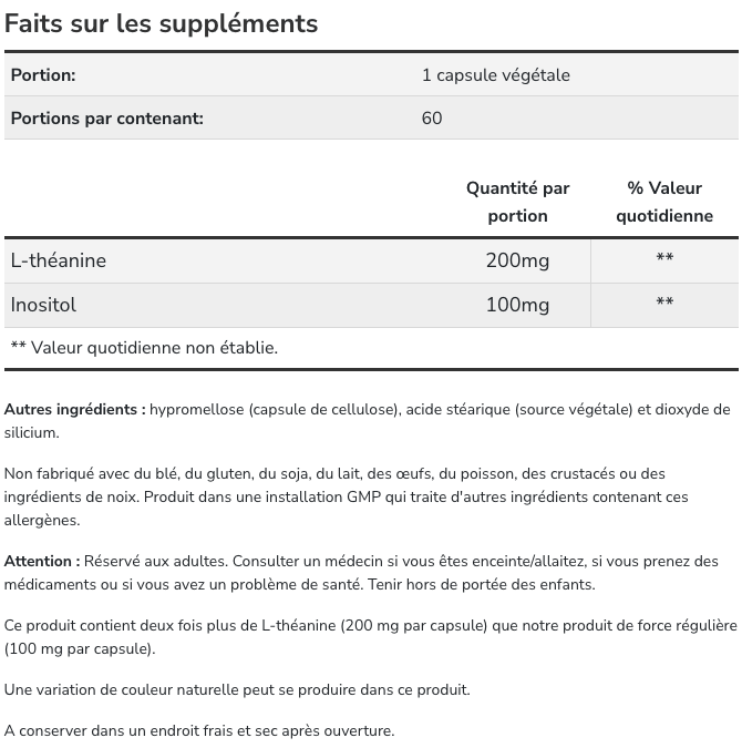 tableau des valeurs nutritionnelles de la Poudre de Bisglycinate de Magnésium NowFoods