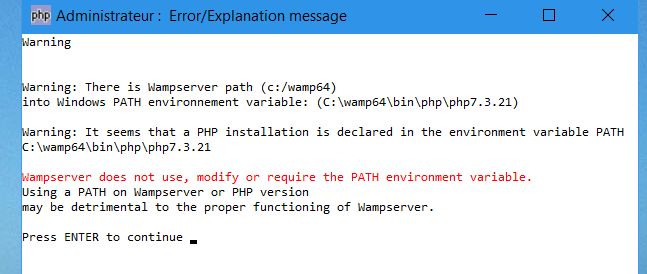warning sur WampServer - detail erreur