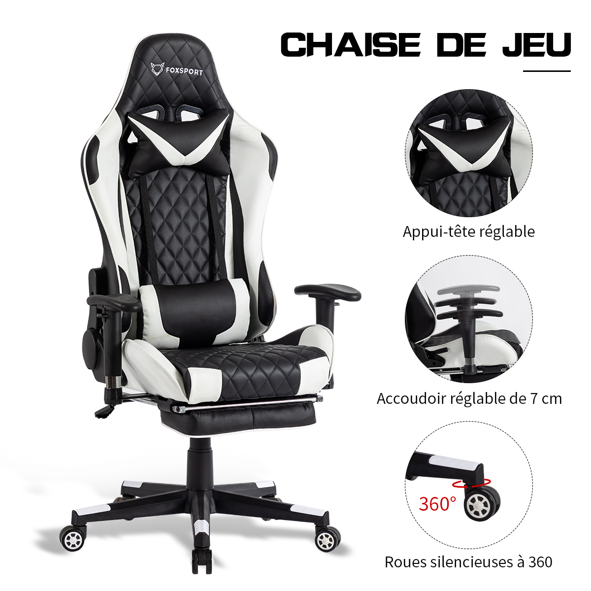 Chaise de bureau fauteuil gaming avec repose-pieds téléscopique en  synthétique noir bur10627 - Conforama
