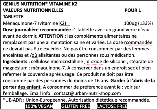 informations nutritionnelles de la vitamine k2 60 capsules pour 60 jours de cure de genius nutrtition