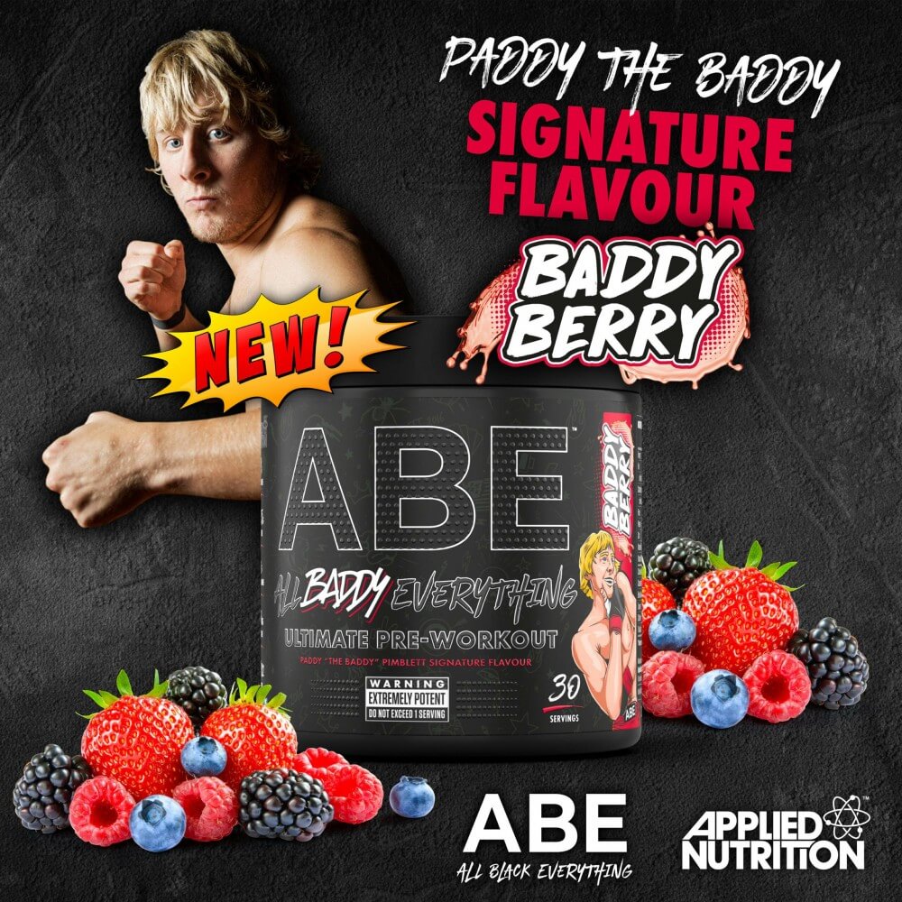poster ABE preworkout Applied saveur baddy berry avec athlete ufc paddy pimblett enpartenariat