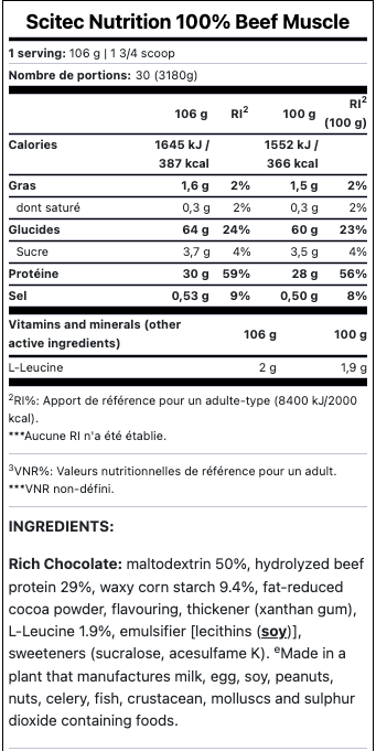 tableau des valeurs nutritionnelles du lean gainer beef muscle de scitec nutrition