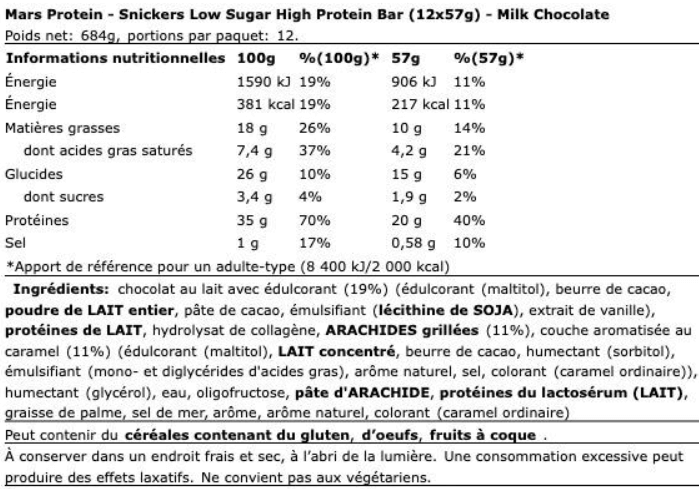 tableau des valeurs nutritionnelles de la barre de 57g snickers low sugar faible en sucre de mars co