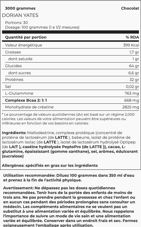 tableau des valeurs nutritionnelles et de l'utilisation du DY gamer changer mass gainer dorian yates 3kg