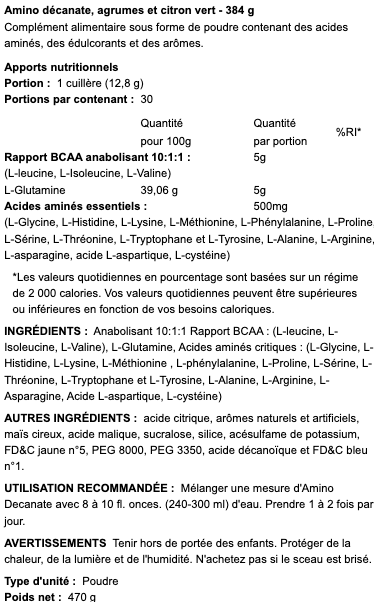 informations nutritionnelles sur les aminos decanated saveur citron vert de musclemeds nutrition