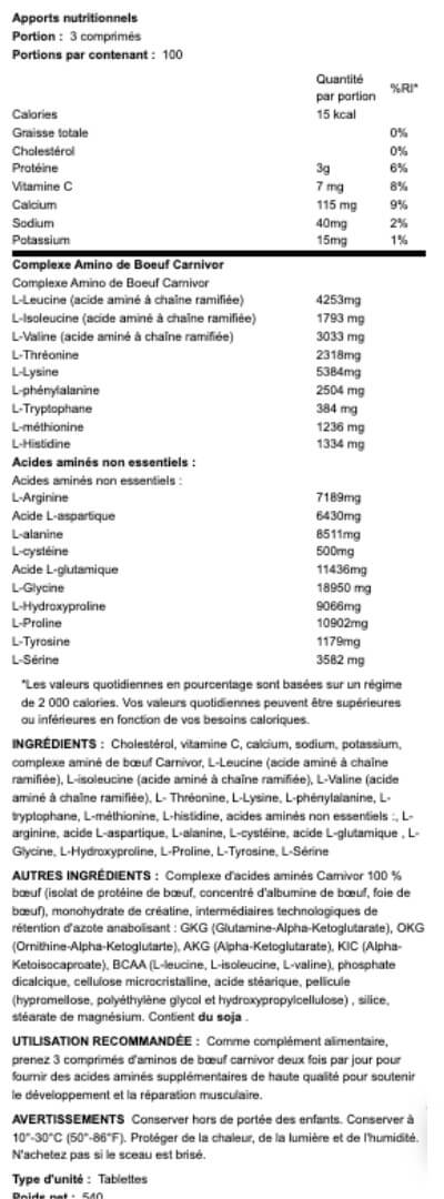 informations nutritionnelles des carnivor amino beef de musclemeds nutrition