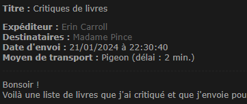 Envoi &agrave; mme Pince