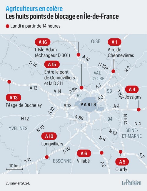 Otto punti di blocco intorno a Parigi oggi