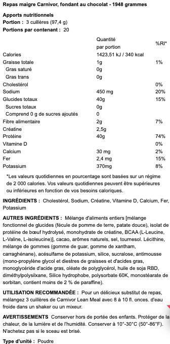 tableau des valeurs nutritionnelles du carnivor lean meal musclemeds