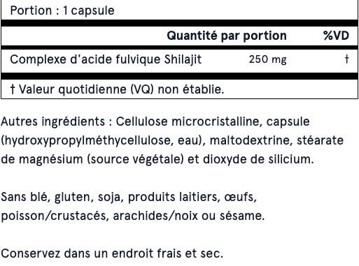 tableau des valeurs nutritionnelles du complément alimentaire complexe acide fulvique de shilajit de jarrow formula nutrition