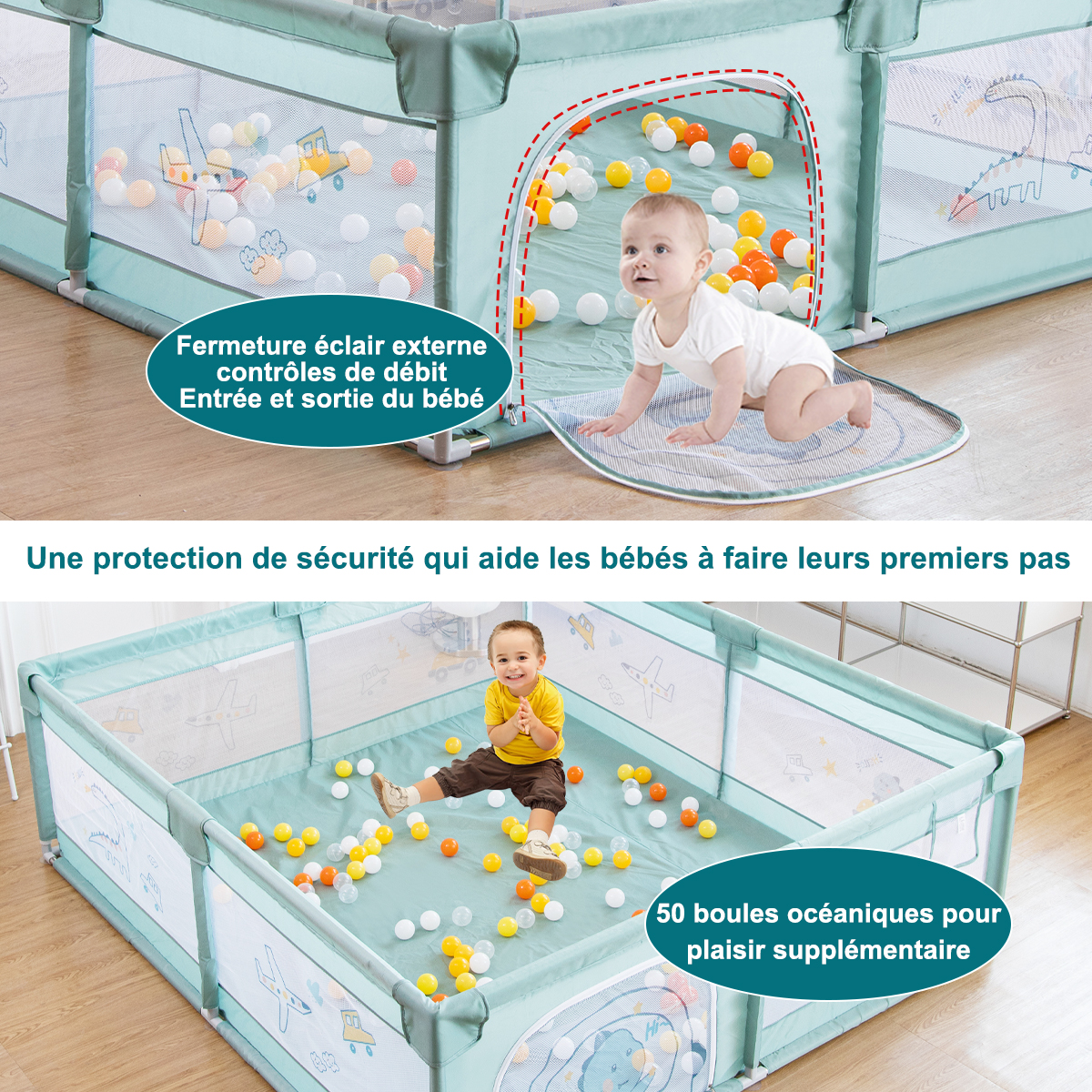 PandaEar Parc Bébé 127x127cm - Enclos Sécurisé Avec Maille Respirante - Intérieur/Extérieur