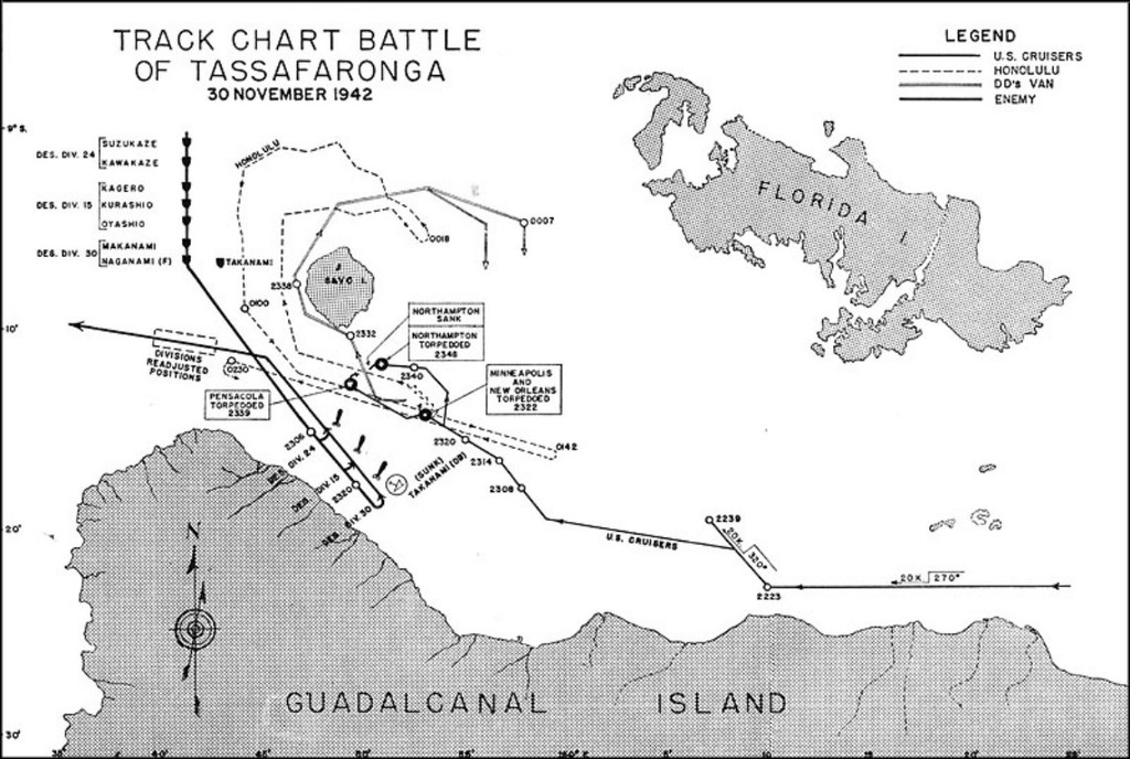 Après la Bataille. Croiseur lourd USS Minneapolis, Bataille de Tassafaronga. Combrig et Corsair Armada, Diorama au 700e FCveSb-Minneapolis-Battle-of-tassafaronga-map