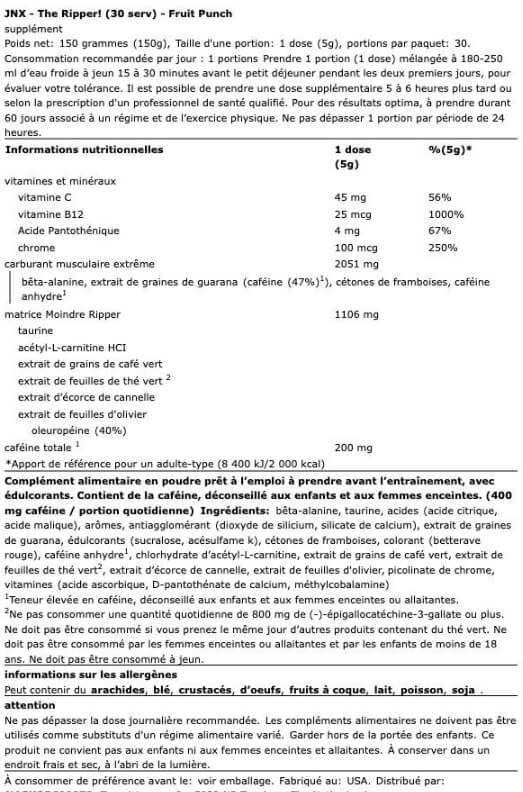 informations nutritionnelles du preworkout hardcore the shadow saveur multifruits de jnx