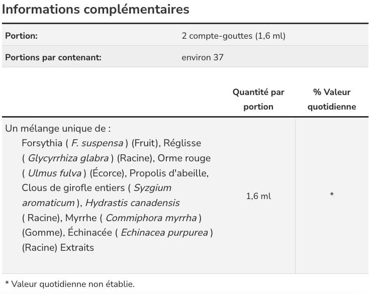 informations nutritionnelles du complement alimentaire extrait de propolis liquide 9ml avec vegetaux actifs de nowfoods