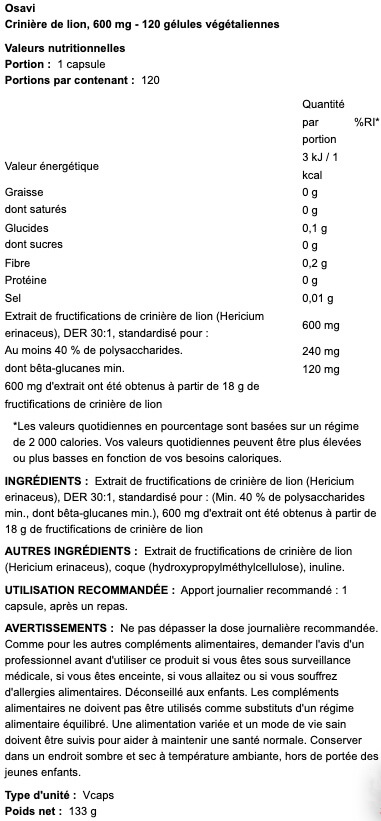 information nutritionnelles sur le complement alimentaire d'extrait de champignon de criniere de lion 600mg osavi