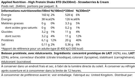 informations nutritionnelles du hi protein shake 330ml de applied nutrition en saveur creme de fraise