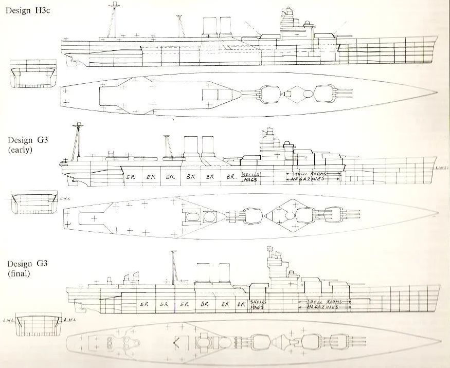 Croiseur de Bataille Britannique Type G3, Projet version Novembre 1921/ Royal Navy Battlecruiser Type G3, Project as of November, 1921, Combrig, waterline W5vlTb-G3-H3c-G3