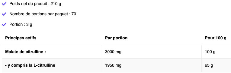 informations nutritionnelles de la citruline malate 210g de Ostrovit nutrition